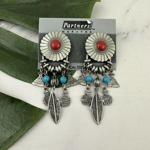 Partners Vintage Dangle Earrings NOS Tin Silver Tone Southwest Pottery Feathers